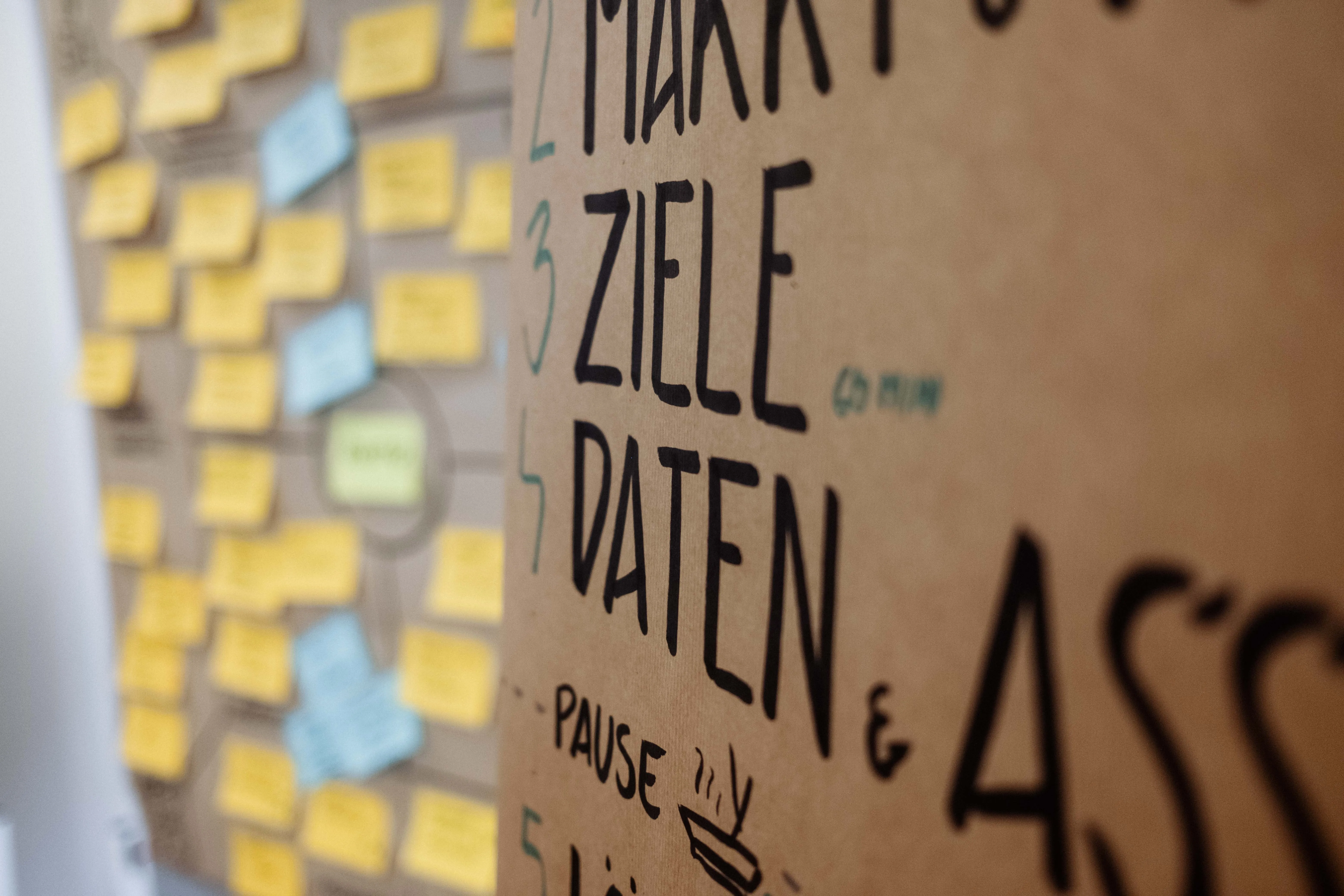 Nahaufnahme einer Workshop-Tafel mit handschriftlicher Agenda und Notizzetteln.